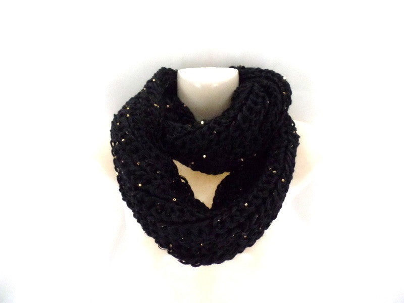Schal Rund Wickelschal Schwarz Loop goldfarbige Pailetten gestrickt Polyester