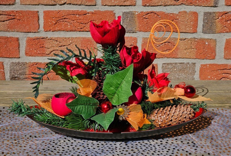Casa-Poador Weihnachtsgesteck Schale rotOrange Amaryllis W-Sterne künstlich Deko