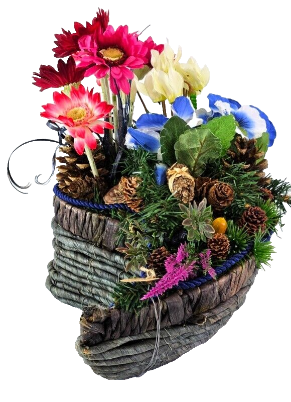 Grabschmuck Gesteck künstliche Blumen Tropfen Rosa Blau Exoten Zapfen Friedhof