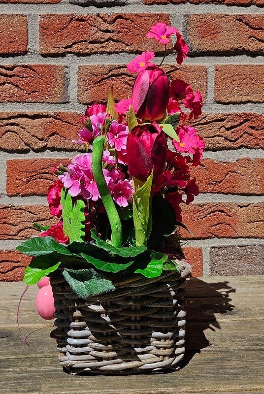Casa-Poador Ostergesteck Kunstblumen Rosa Korb Tulpe Dahlien Dekoration Geschenk