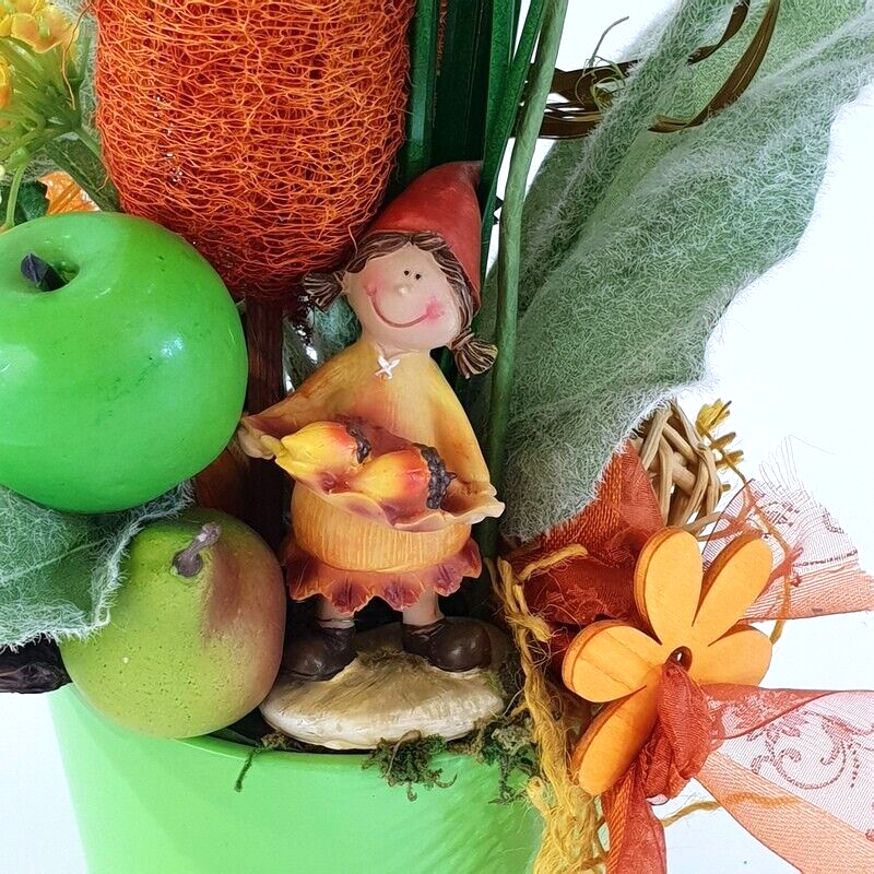 Gesteck Kunstblumen Sonnenblumen Mais im Topf Gelb Orange Figur Früchte