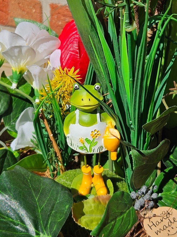 Casa-Poador Gesteck Kunstblumen Naturgefäß Tulpen Frühling FroschfigurDekoration