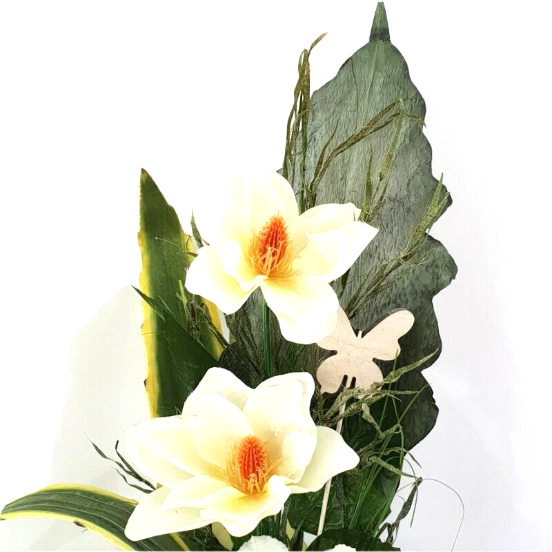 Strauß Weiß Creme Magnolie Foamrose stufig gebunden Sanseverie Kunstblumen 70 cm