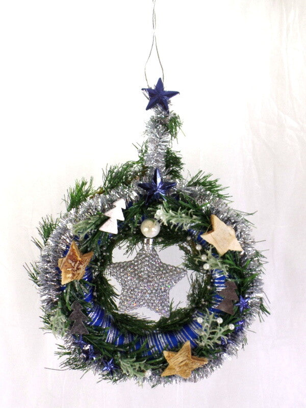 Türkranz Wandkranz Blau Silber Stern künstlich 25 cm Sterne Tannenbäume
