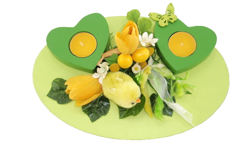 Gesteck Seide Grün Gelb Ostern Kunstblumen 2 Eierkerzen 2 Teelichter Dekoration