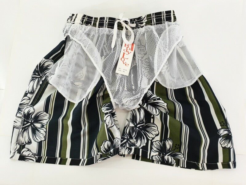 Shorts Badehose M/L Bermudas Lotus geblümt gestreift Schwarz Grün Weiß