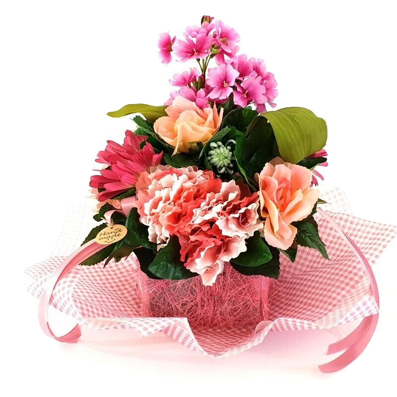 Gesteck im Metallkorb Primel Rosen Gerbera Rosa Kunstblumen Frühling