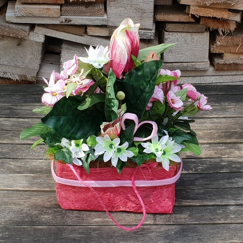 Gesteck Seide Rosa Weiß Kunstblumen Sisaltasche Frühling Magnolie Figuren 32 H