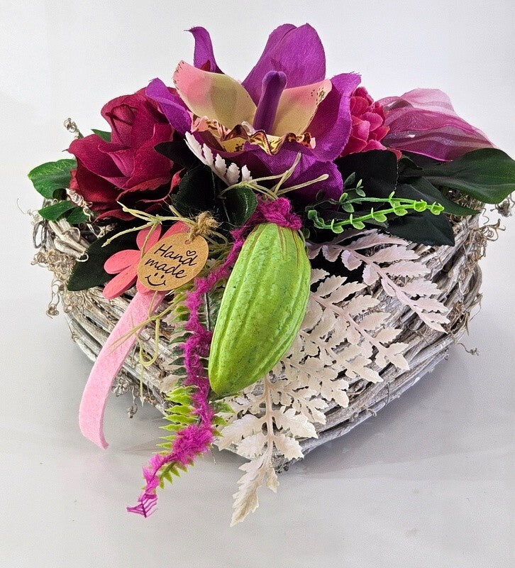 Casa-Poador Grabschmuck Herz Reisigesteck Herz Rosa CymbidieKunstblumen Friedhof