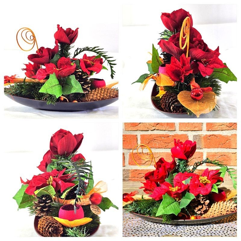 Casa-Poador Weihnachtsgesteck Schale rotOrange Amaryllis W-Sterne künstlich Deko
