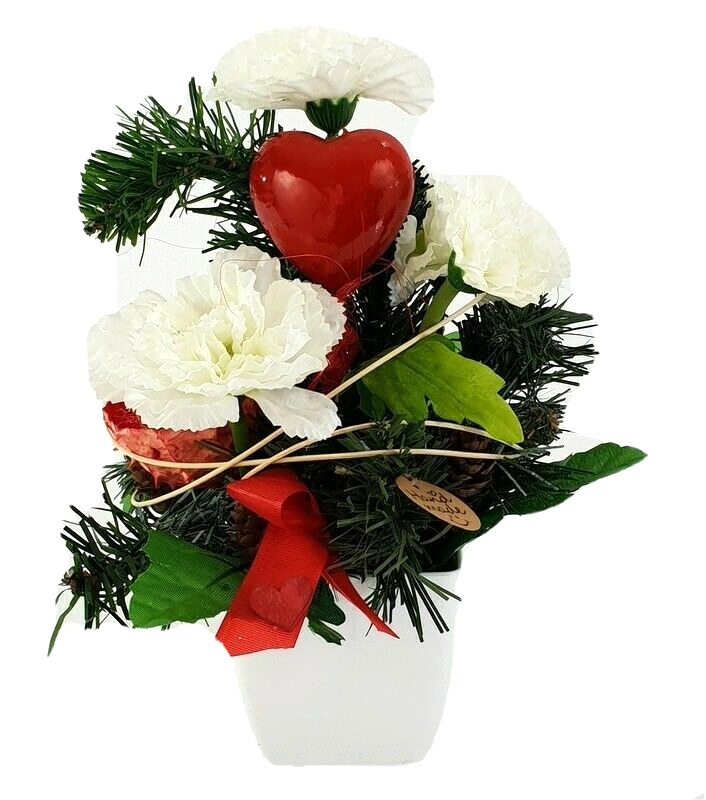 Gesteck Weiß Rot Seide Herz Nelken Kunstblumen künstliche Blumen Dekoration