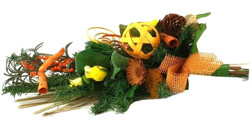 Grabschmuck Grabstrauß Trockenblumen grüne Calla künstliche Tanne Exoten flach