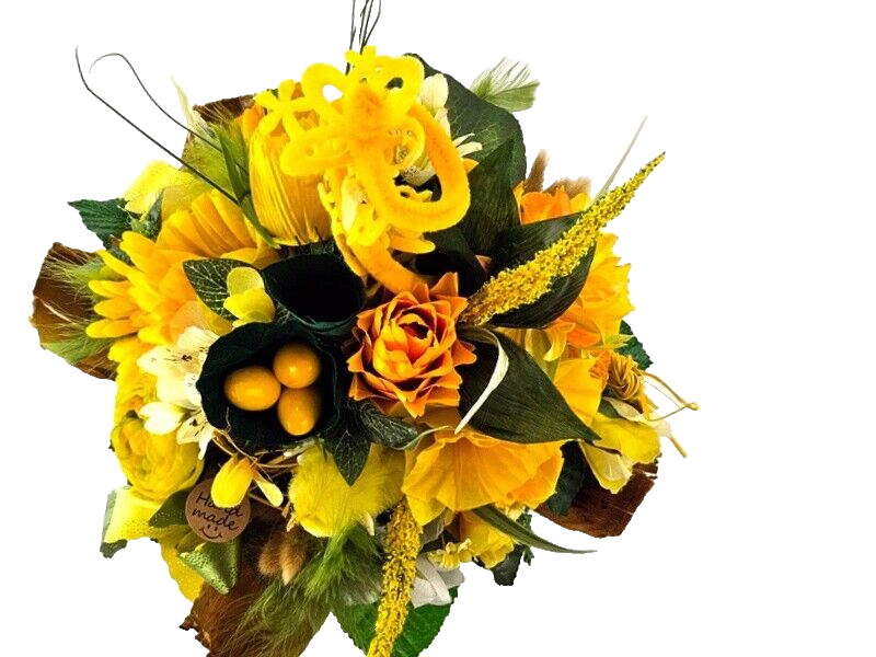 Strauß Osterstrauss Gelb Weiß  Seide Kunstblumen Tulpen Eier Federn Kücken Deko