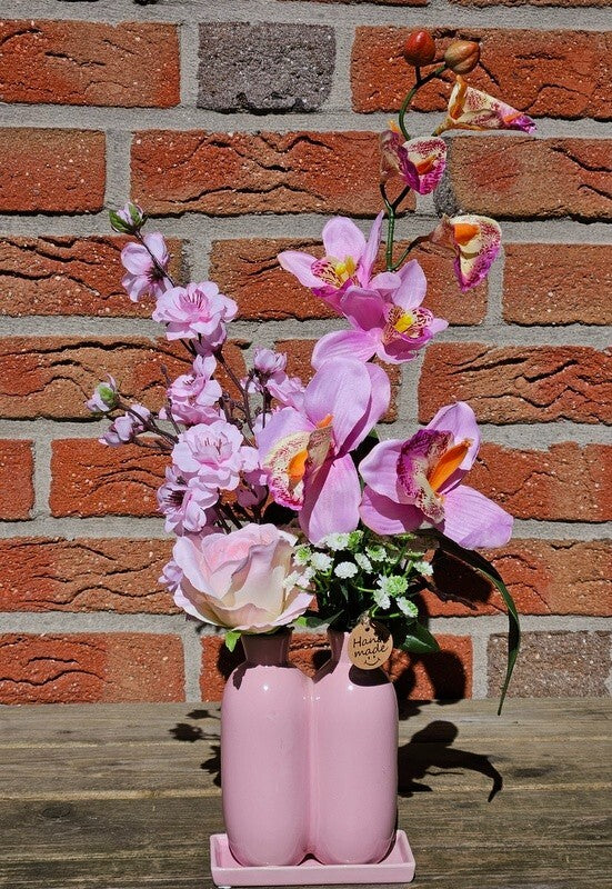 Casa-Poador Vase mit 2 Sträuße Rosa Kunstblumen Cymbidie Dekoration Geschenk