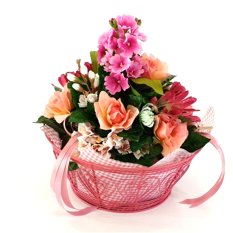 Gesteck im Metallkorb Primel Rosen Gerbera Rosa Kunstblumen Frühling
