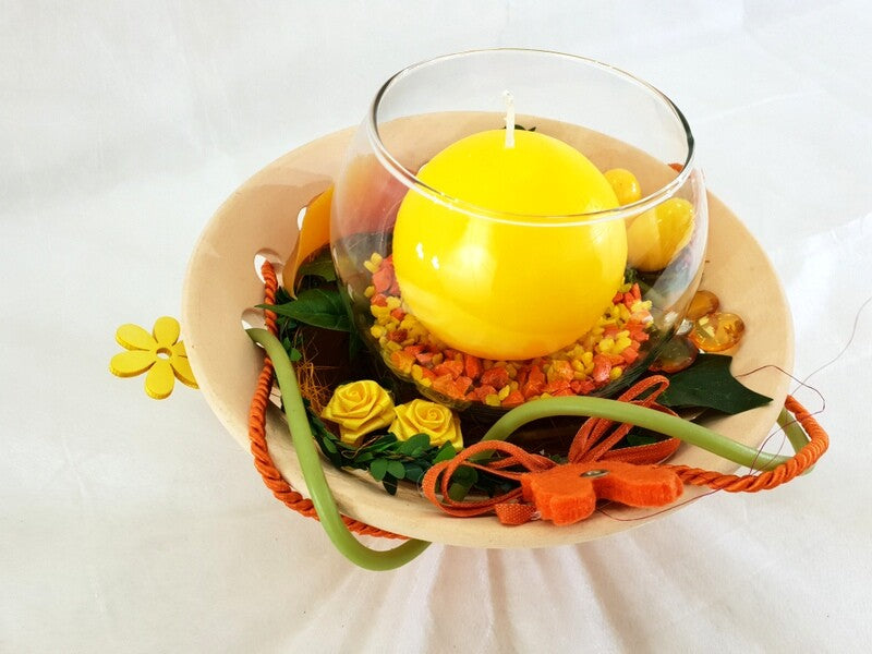 Gesteck Seide Orange Gelb Calla Kunstblumen Glasgefäß rund Kerze Dekoration