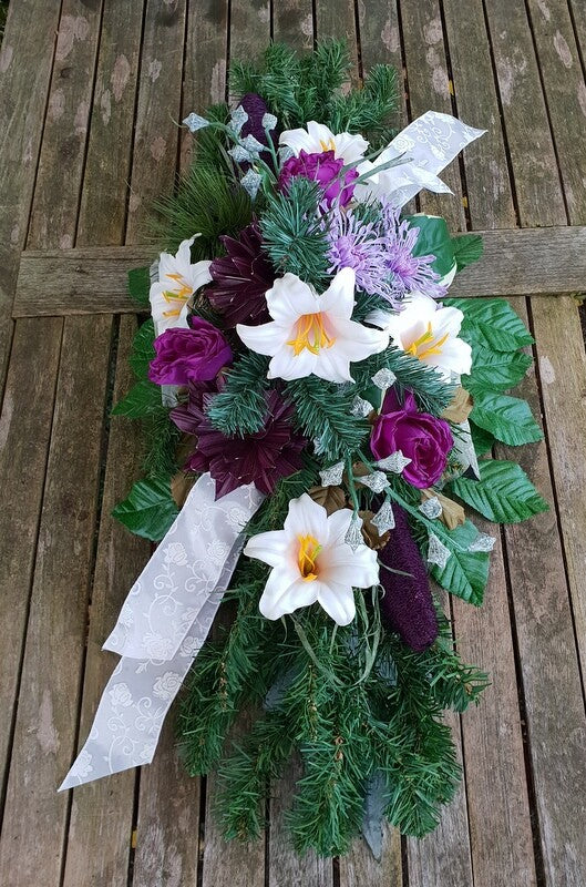Grabschmuck Beerdigung Exoten Lila Rosa künstliche Blumen Totensonntag Friedhof