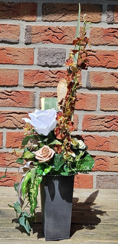 Orchideengesteck Seide Rostbraun Kunstblumen Metallgefäß konisch 70cm Dekoration