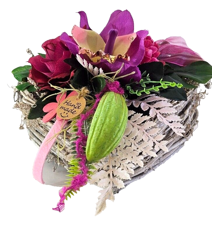 Casa-Poador Grabschmuck Herz Reisigesteck Herz Rosa CymbidieKunstblumen Friedhof