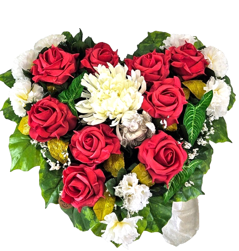 Casa-Poador Herzgesteck Grabschmuck Herz rote Rosen Kunstblumen Engel Friedhof