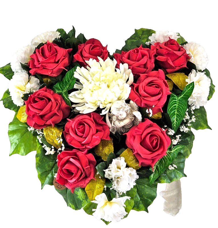 Casa-Poador Herzgesteck Grabschmuck Herz rote Rosen Kunstblumen Engel Friedhof
