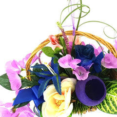 Hängekorb Gesteck Seide Lila Blau Kunstblumen Blauregen Rosen Fenster Dekoration