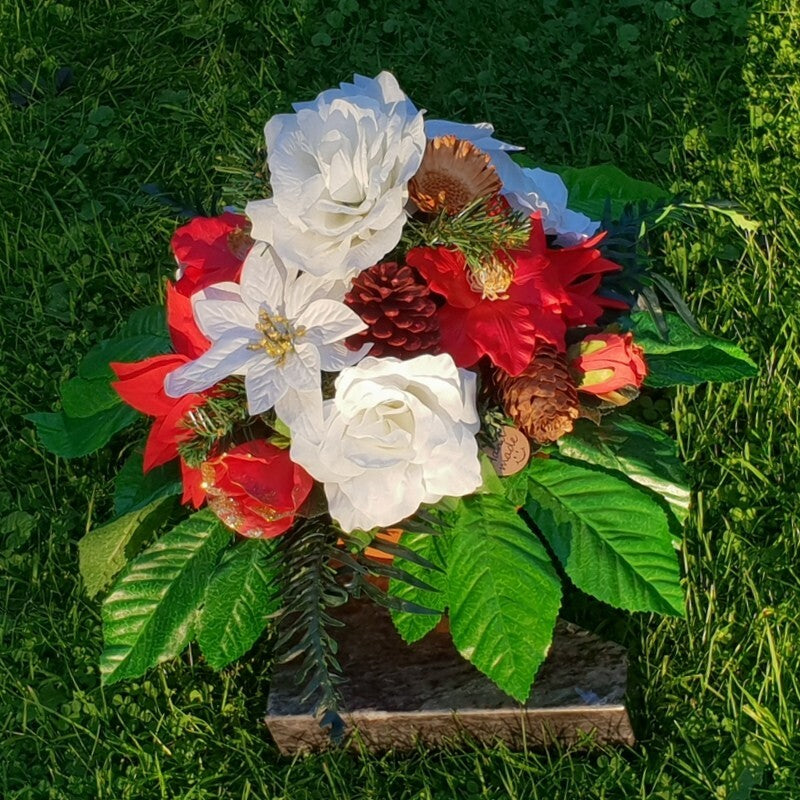 Casa-Poador Grabgesteck Schale Rot Weiß Weihnachtsstern Rosen Kunstblumen Zapfen
