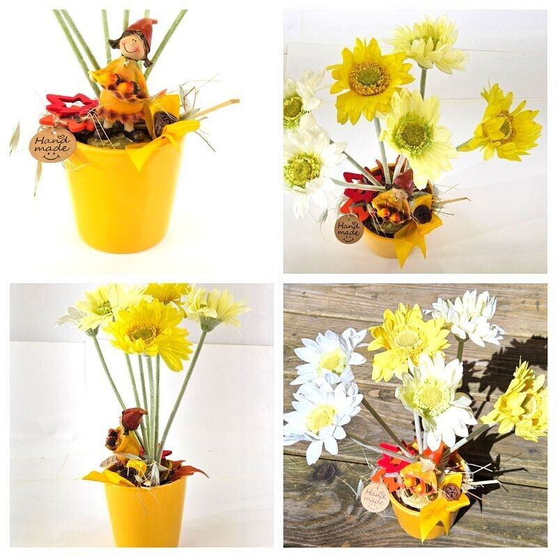 Topfblume Gerbera Gelb Weiß Kunstblumen Keramikgefäß rund Figur Blätter Geschenk