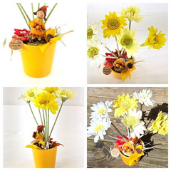 Topfblume Gerbera Gelb Weiß Kunstblumen Keramikgefäß rund Figur Blätter Geschenk