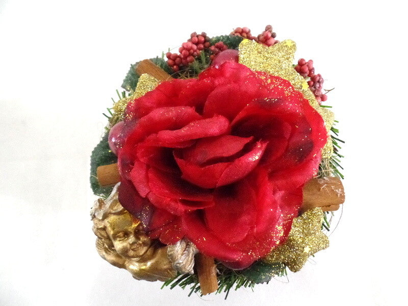 Weihnachtsgestecke Tischschmuck Rote Rose Gold Sterne Natur künstliche Tanne
