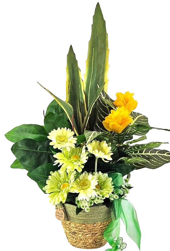 Casa-Poador Gesteck Kunstblumen Korb Topf rund Gelb Weiß Gummibaum Gerbera