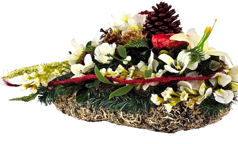 Grabschmuck Herz Kissen Moos 30 cm rot Weiß Rose Kunstblumen Zapfen Grabgesteck