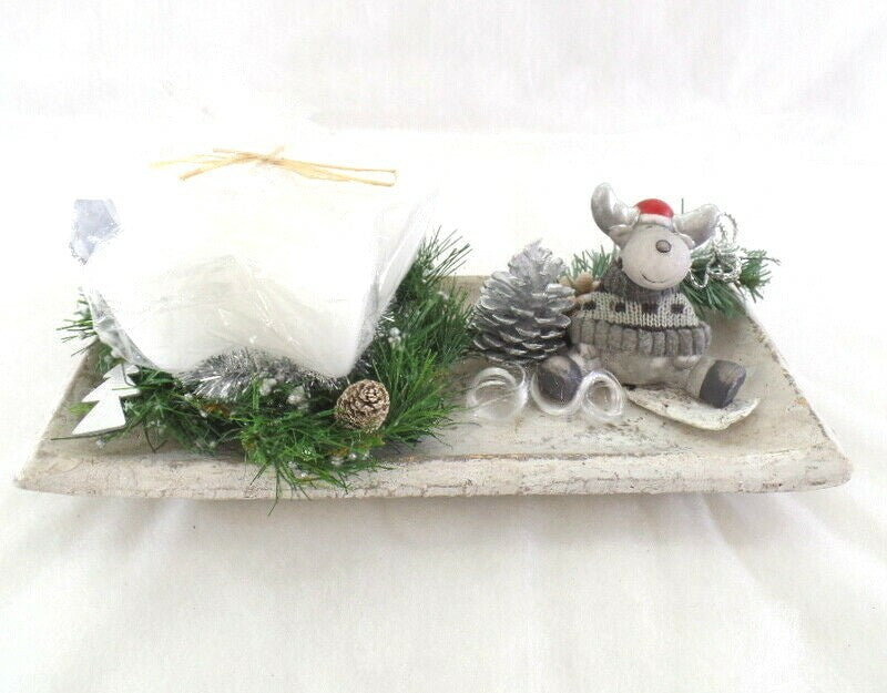 Adventsgesteck Weihnachten Tischschmuck Kerze Weiß Grau Silber Elchfigur