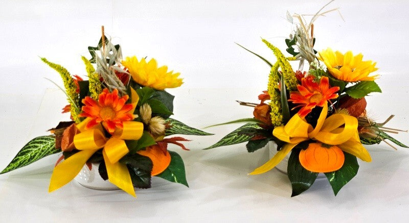 Gesteck 2 x Seide Gelb Orange Kunstblumen Sonnenblume Gerbera rund 25 cm Herbst