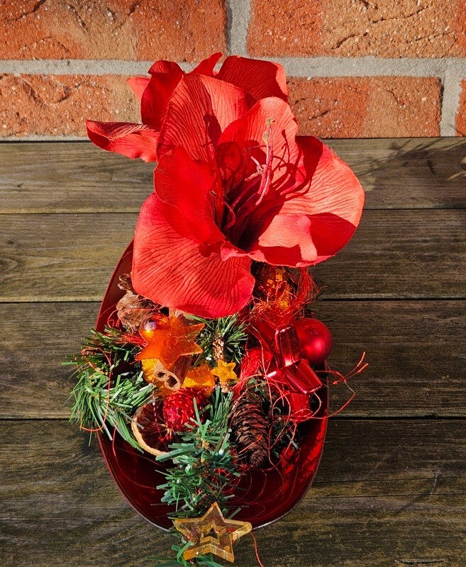 Casa-Poador Weihnachtsgesteck rot Orange Amaryllis Sterne künstliche Tanne Deko