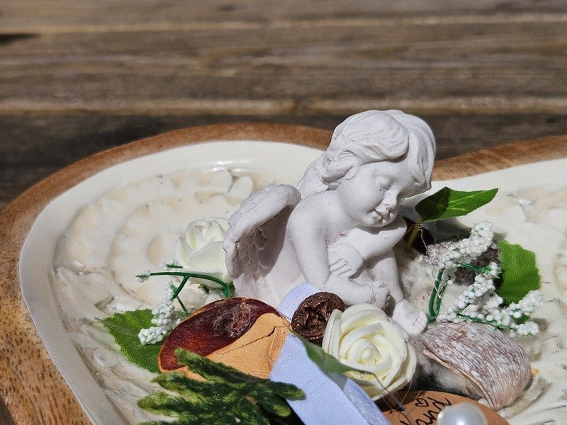 Casa-Poador Herzform aus Mangoholz Emaille Weiß Creme Holzschale Engel Friedhof