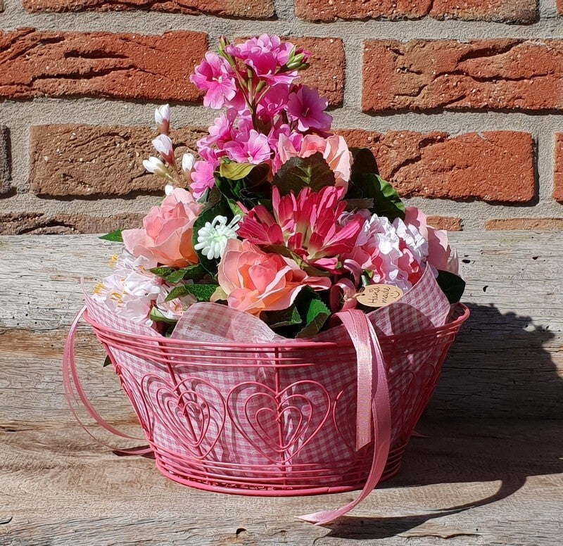 Gesteck im Metallkorb Primel Rosen Gerbera Rosa Kunstblumen Frühling