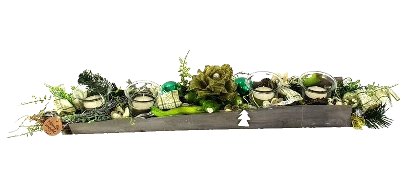 Weihnachtsgesteck silber Seide künstlich mit  4 Glasteelichtern Tischdekoration