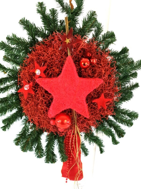 Kranz Rot Glitzer Reisig 60 cm Durchmesser Stern Kugeln Seidentanne Highlight