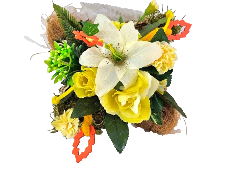Grabschmuck Gesteck Moos Reisig Kissen künstliche Blumen RoseGelb Natur Friedhof