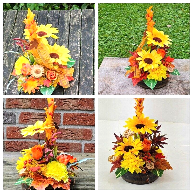 Gesteck Gelb Orange Kunstblumen Sonnenblume  rund 35 H Herbst Filzblätter  Deko