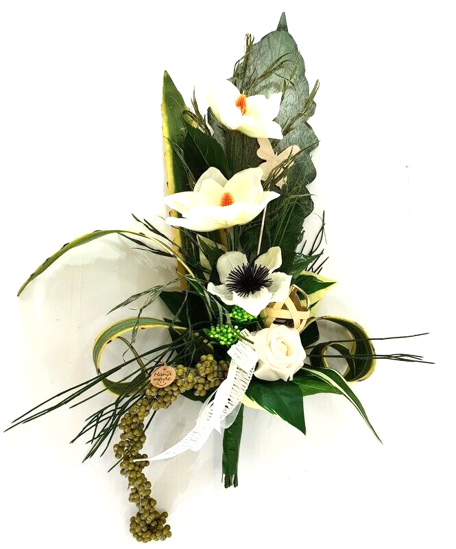 Strauß Weiß Creme Magnolie Foamrose stufig gebunden Sanseverie Kunstblumen 70 cm
