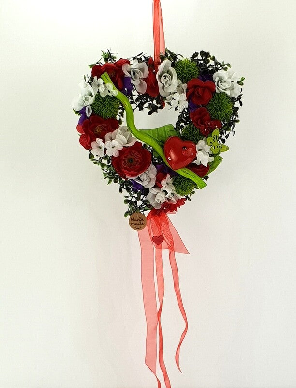 Herz Reisigunterlage Rot Weiß Lila Kunstblumen Aufhängung Geschenk Valentinstag