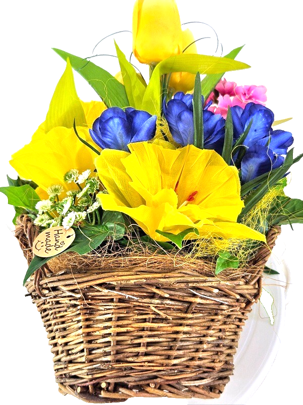 Casa-Poador Gesteck im Korb Primel Osterglocken Krokus Kunstblumen Frühling Deko