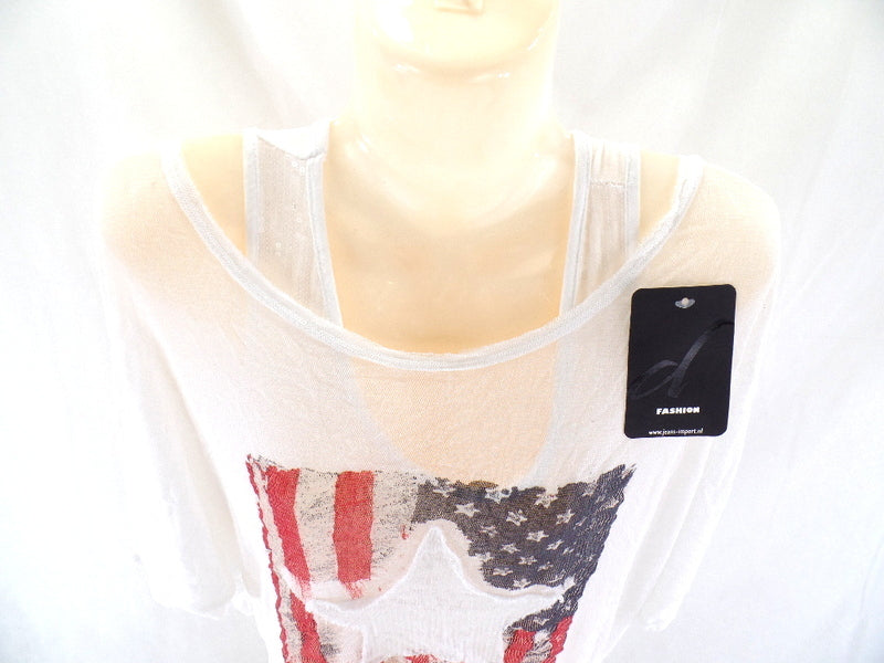 T - Shirt & Top America Vintage Flagge und Stern Weiß One Size Pailetten Top!!