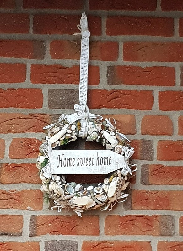 Türkranz Wand Kranz künstlich trocken Weiß Grau Natur Muscheln Holzschild
