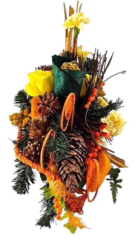 Grabstrauß Gelb Orange Naturmaterial künstliche Blumen Querstrauß Friedhof