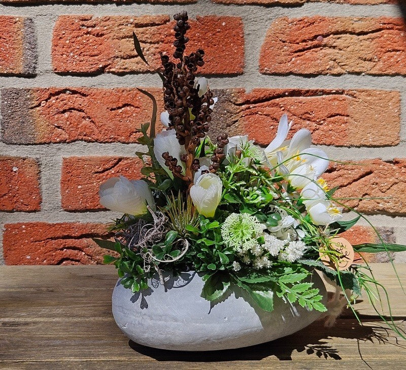 Casa-Poador Herzgesteck künstlich Beton Weiß Creme Grau Kunstblumen 20 cm H Herz