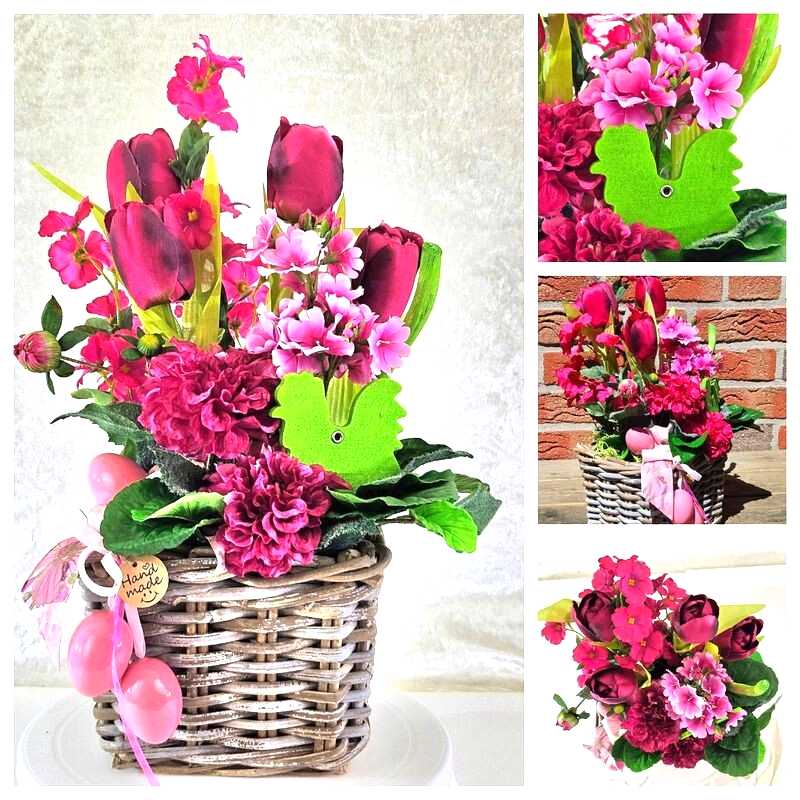 Casa-Poador Ostergesteck Kunstblumen Rosa Korb Tulpe Dahlien Dekoration Geschenk