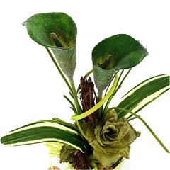 Gesteck Grün Kunstblumen Calla Wachsrose Fruchtstände GräserBast 40cm Dekoration